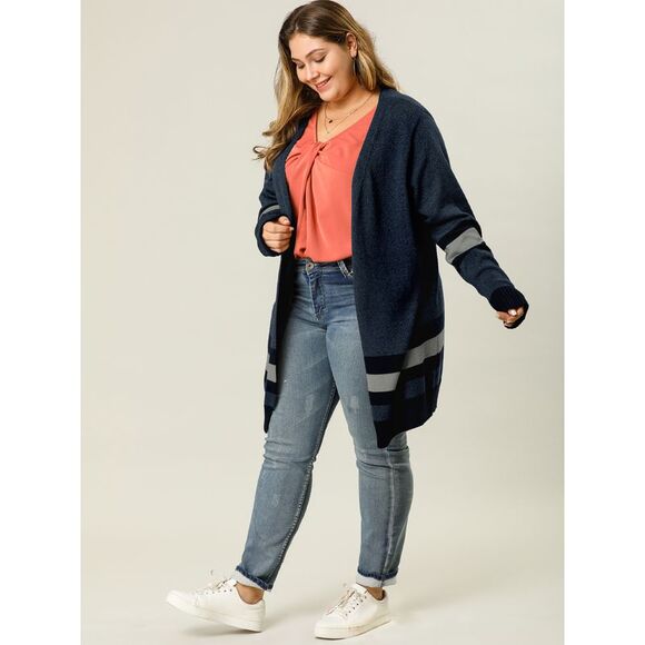 Plus Size Contrast Color Striped Open Front Sweater Cardigans Navy Blue - Picture 3 of 5